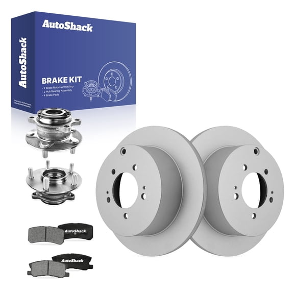 AutoShack Rear Brake Rotors, Ceramic Pads & Hub Bearing Assemblies for Mitsubishi, Outlander 2007-2013, AWD L4 2.4L V6 3.0L - Coated - ArmorStop - 11.89" (302 mm), 5-Lug