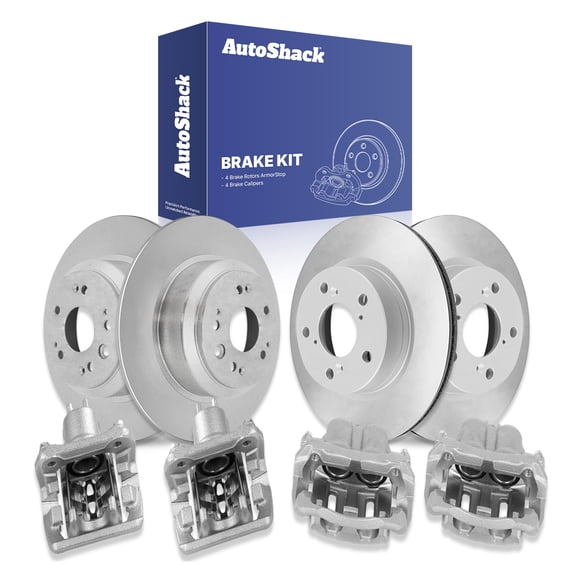 AutoShack Front Vented & Rear Solid Coated Brake Rotors + Calipers 8-PC Brake Kit Replacement for 2010-2011 Honda Accord Crosstour ArmorStop