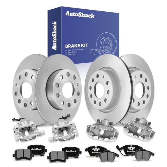 AutoShack Front & Rear Brake Rotors, Ceramic Pads & Calipers for Volkswagen, Jetta 2006-2009 Rabbit 2006-2009, FWD L4 1.9L L5 2.5L - Coated - ArmorStop