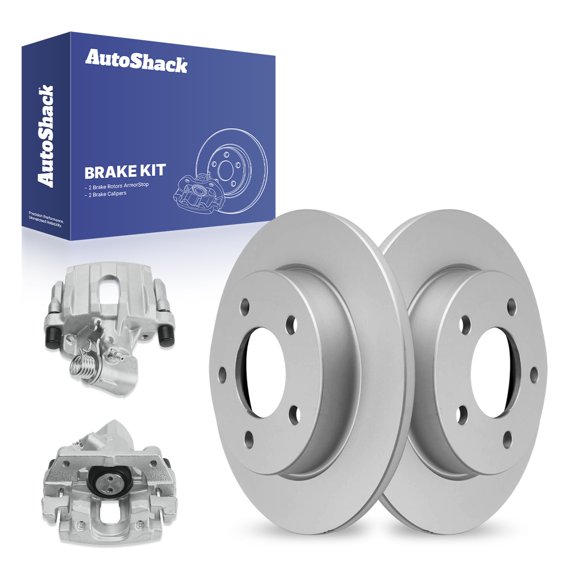 AutoShack 10.43" (265 mm) Rear Solid Brake Rotors Coated + Calipers | Replacement for 2010-2013 Mazda 3 2010-2013 Mazda 3 Sport | 4-PC Brake Kit | ArmorStop