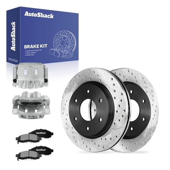 AutoShack Front Brake Rotors, Ceramic Pads & Calipers for Nissan, Armada 2006, 4WD RWD V8 5.6L - E-Coated Drilled & Slotted - ShadowGuard - 12.6" (320 mm), 6-Lug