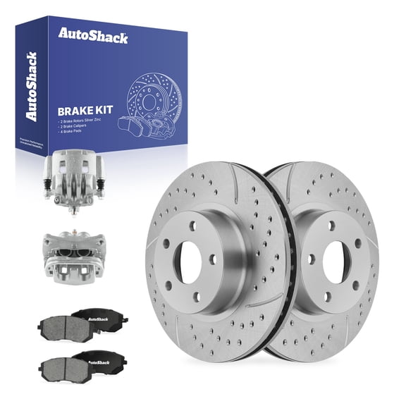 AutoShack Front Brake Rotors, Ceramic Pads & Calipers for Subaru, Legacy 2005, AWD H4 2.5L - Silver Zinc Coated Drilled & Slotted - SilverShield Pro - 10.91" (277 mm), 5-Lug