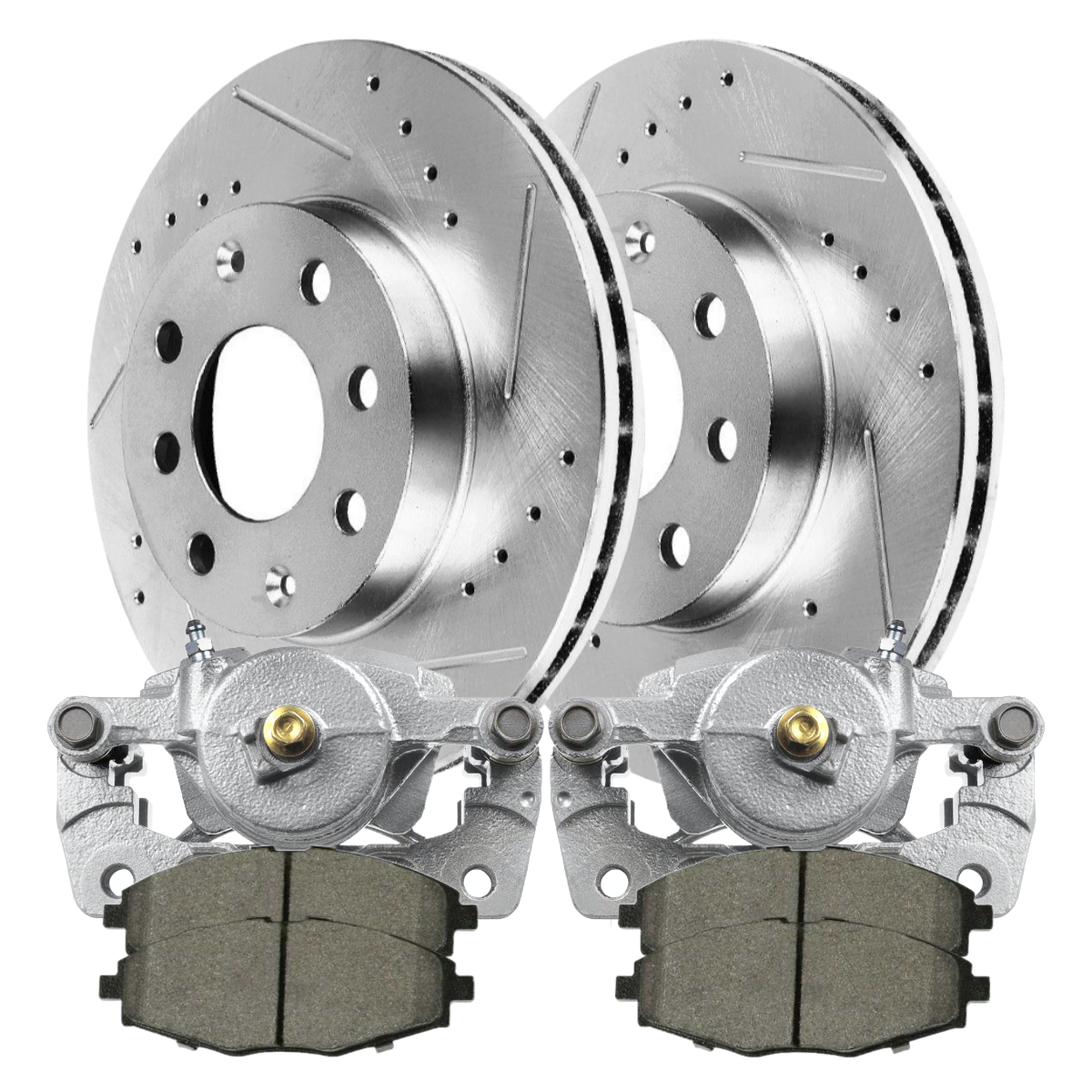 AutoShack Front Drilled and Slotted Brake Rotors Silver and Performance Ceramic Pads Set Pair of 2 Driver and Passenger Side Replacement for 2並行輸入 PR44351DSCPR - Front TurboGuard Coated Drilled Slotted Silver
