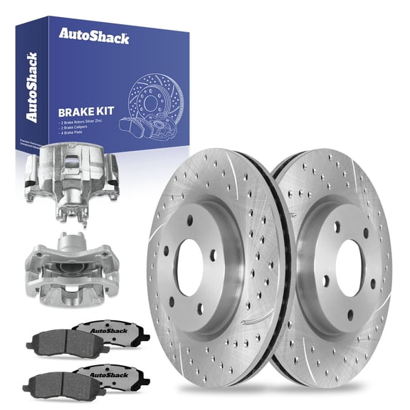 AutoShack Front Drilled & Slotted Brake Rotors Ceramic Brake Pads Calipers | Replacement for 2007-2017 Jeep Patriot 2007-2017 Jeep Compass | Silver Zinc Coated | 8-PC Brake Kit | SilverShield Pro
