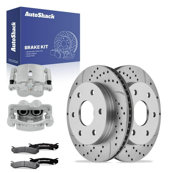 AutoShack Front Drilled & Slotted Brake Rotors Ceramic Brake Pads Calipers | Replacement for 2003-2008 GMC Savana 1500 2007 GMC Sierra 1500 Classic | Zinc Coated | 8-PC Brake Kit | SilverShield Pro