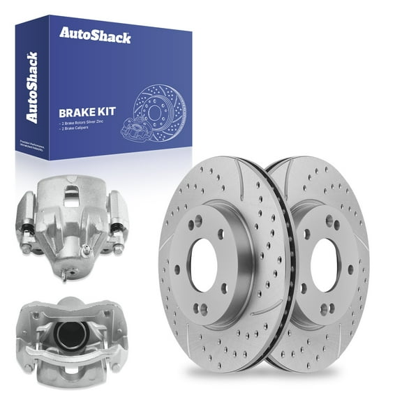 AutoShack Front Drilled & Slotted Brake Rotors Calipers | Replacement for 2011-2016 Hyundai Elantra 2013-2014 Elantra Coupe 1.8L 2.0L FWD | Silver Zinc Coated | 4-PC Brake Kit | SilverShield Pro