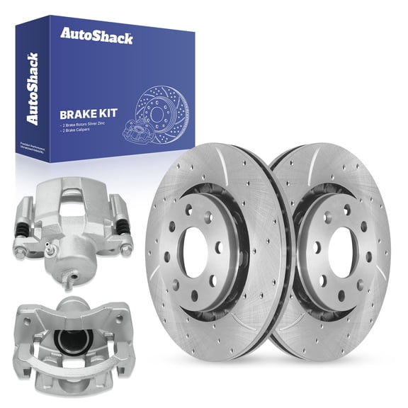 AutoShack 10.08" (256 mm) Front Vented Drilled & Slotted Brake Rotors Coated + Calipers | Replacement for 2013-2015 Chevrolet Spark | Silver Zinc Coated | 4-PC Brake Kit | SilverShield Pro