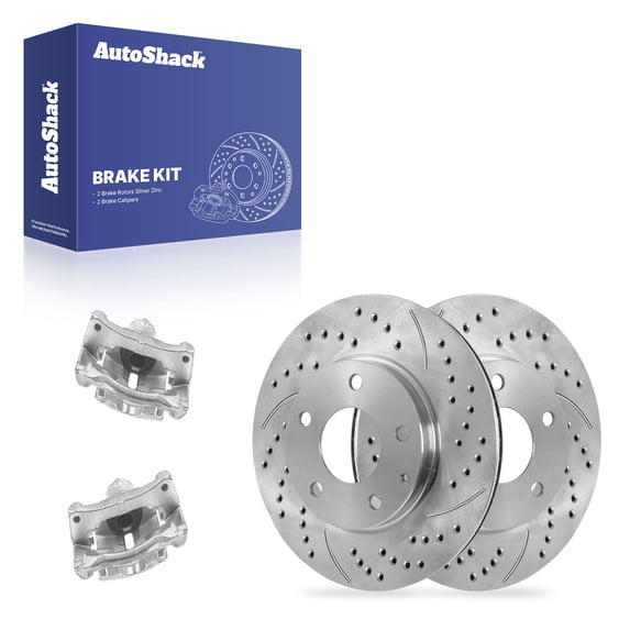 AutoShack Front Vented Drilled & Slotted Silver Zinc Coated Brake Rotors + Calipers 4-PC Brake Kit Replacement for 2014-2016 Mazda 3 2016-2018 Mazda CX-3 SilverShield Pro 11.02" (279.8 mm)