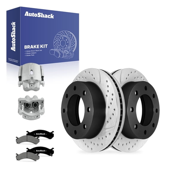 AutoShack Front Brake Rotors, Premium Pads & Calipers for Chevrolet, Express 2500 2003-2017 - E-Coated Drilled & Slotted - ShadowGuard - 12.8" (325 mm), 8-Lug