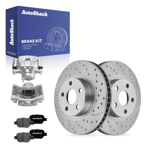 AutoShack Front Brake Rotors, Premium Pads & Calipers for Scion, tC 2005-2010, FWD L4 2.4L - Silver Zinc Coated Drilled & Slotted - SilverShield Pro - 10.82" (274.9 mm), 5-Lug