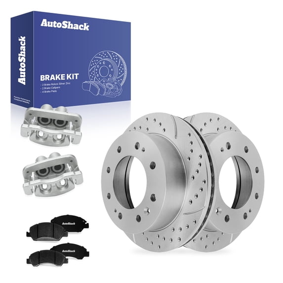 AutoShack Front Vented Drilled & Slotted Silver Zinc Coated Brake Rotors + Premium Ceramic Pads + Calipers 8-PC Brake Kit Replacement for 2017-2019 Chevrolet Suburban SilverShield Pro 13.99" (355 mm)