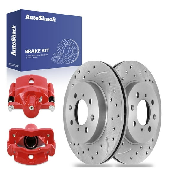 AutoShack 10.31" (262 mm) Front Vented Drilled & Slotted Brake Rotors Coated + Calipers Red | Replacement for 2010-2014 Honda Insight | Silver Zinc Coated | 4-PC Brake Kit | SilverShield Pro