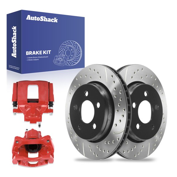 AutoShack 11.65" (296 mm) Front Vented Drilled & Slotted Brake Rotors E-Coated + Calipers Red | Replacement for 2008-2012 Jeep Liberty 2007-2011 Dodge Nitro | 4-PC Brake Kit | ShadowGuard