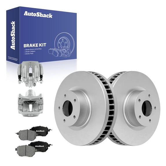 AutoShack Front Vented Coated Brake Rotors + Ceramic Pads + Calipers 8-PC Brake Kit Replacement for 2009-2011 Nissan Murano ArmorStop 12.59" (319.7 mm)