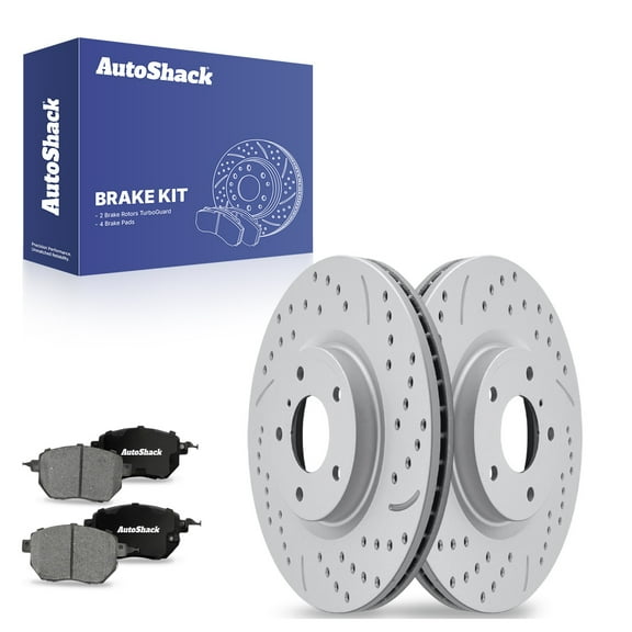 AutoShack 12.59" (319.8 mm) Front Vented Drilled & Slotted Brake Rotors Coated + Ceramic Brake Pads | Replacement for 2009-2011 Nissan Murano | Silver Matte Finish | 6-PC Brake Kit | TurboGuard