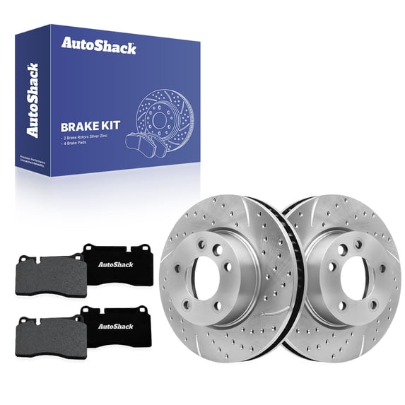 AutoShack Front Vented Drilled & Slotted Silver Zinc Coated Brake Rotors + Premium Ceramic Pads 6-PC Brake Kit Replacement for 2012-2017 Volkswagen Touareg SilverShield Pro 12.98" (329.7 mm)