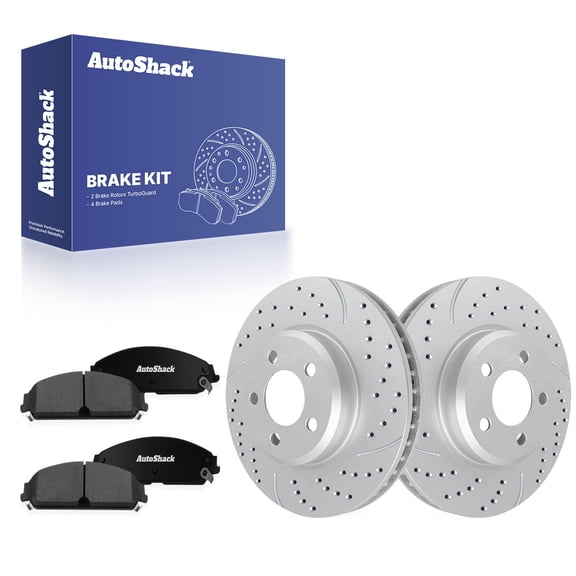 AutoShack Front Brake Rotors & Premium Pads for Dodge, Challenger 2010, 2012-2022, RWD V6 3.5L 3.6L V8 5.7L - Coated Drilled & Slotted - Silver Matte Finish - TurboGuard - 12.6" (320 mm), 5-Lug