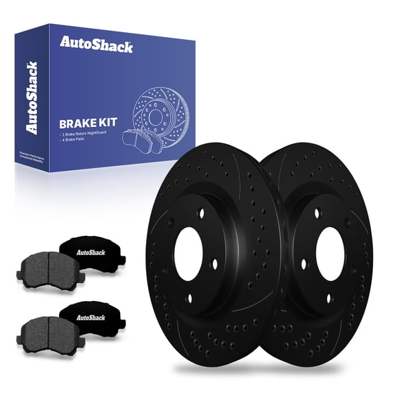 AutoShack 11.57" (293.9 mm) Front Vented Drilled & Slotted Brake Rotors E-Coated + Premium Ceramic Brake Pads | Replacement for 2007-2017 Jeep Patriot | Black Finish | 6-PC Brake Kit | NightGuard
