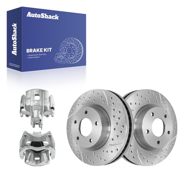 AutoShack Front Brake Rotors & Calipers for Mitsubishi, Lancer 2013-2016, FWD AWD L4 2.0L 2.4L - Silver Zinc Coated Drilled & Slotted - SilverShield Pro - 11.57" (294 mm), 5-Lug