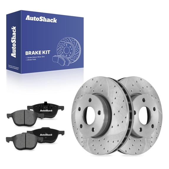 AutoShack Front Vented Drilled & Slotted Silver Zinc Coated Brake Rotors + Premium Ceramic Pads 6-PC Brake Kit Replacement for 2012-2018 Ford Focus SilverShield Pro 10.95" (278.1 mm)