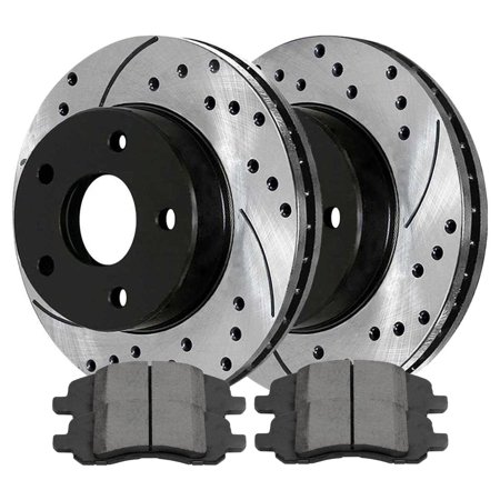 AutoShack Front Drilled Slotted Brake Rotors Black and Performance Ceramic Pads Kit Driver and Passenger Side Replacement for 2008 2009 2010 2011 2012 Dodge Caliber 1.8L 2.0L FWD