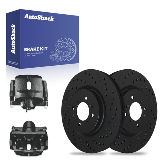 AutoShack 10.31" (262 mm) Front Vented Drilled & Slotted Brake Rotors E-Coated + Calipers Black | Replacement for 2010-2014 Honda Insight | Black Finish | 4-PC Brake Kit | NightGuard