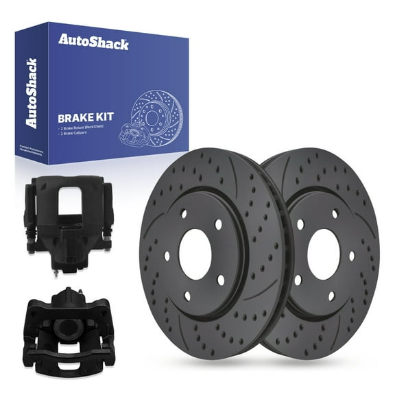 AutoShack 11.89" (302 mm) Front Vented Drilled & Slotted Brake Rotors Coated + Calipers Black | Replacement for 2010-2011 Chrysler Town & Country | Black Matte Finish | 4-PC Brake Kit | BlackShield