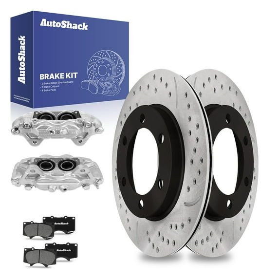 AutoShack Front Drilled & Slotted Brake Rotors Ceramic Brake Pads Calipers | Replacement for 2004-2006 Toyota Tundra 3.4L 4.0L 4.7L V6 V8 4WD RWD | E-Coated | 8-PC Brake Kit | ShadowGuard