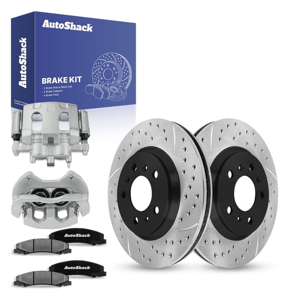AutoShack Front Drilled & Slotted Brake Rotors Ceramic Brake Pads Calipers | Replacement for 2012-2013 Chevrolet Impala 2014-2016 Impala Limited V6 FWD | E-Coated | 8-PC Brake Kit | ShadowGuard