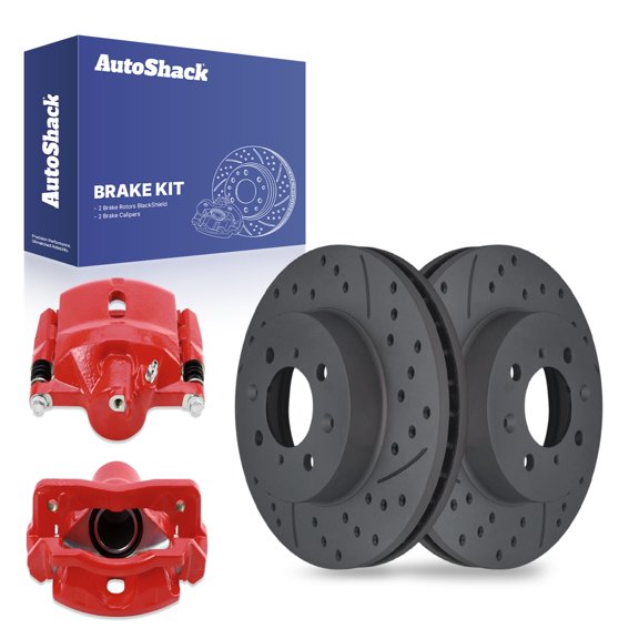 AutoShack 10.31" (262 mm) Front Vented Drilled & Slotted Brake Rotors Coated + Calipers Red | Replacement for 2010-2014 Honda Insight | Black Matte Finish | 4-PC Brake Kit | BlackShield