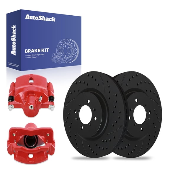 AutoShack 10.31" (262 mm) Front Vented Drilled & Slotted Brake Rotors E-Coated + Calipers Red | Replacement for 2010-2014 Honda Insight 1997-2000 Acura EL | Black Finish | 4-PC Brake Kit | NightGuard