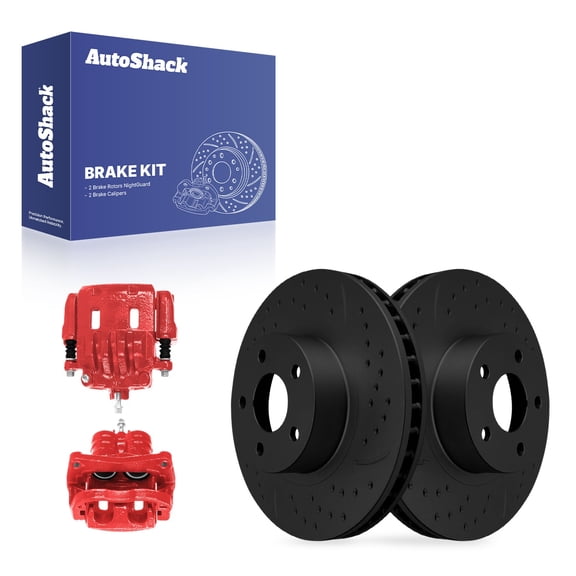 AutoShack Front Brake Rotors & Red Calipers for Subaru, Legacy 2005, AWD H4 2.5L - E-Coated Drilled & Slotted - Black Finish - NightGuard - 10.87" (276.2 mm), 5-Lug