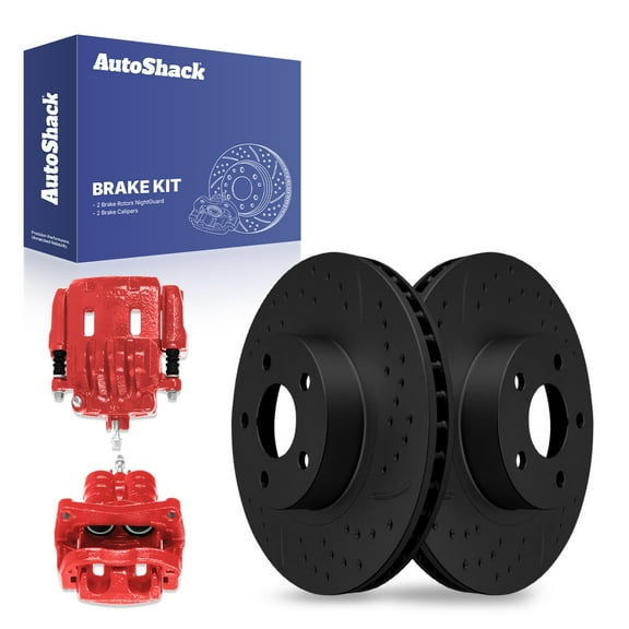 AutoShack Front Drilled & Slotted Brake Rotors Calipers Red | Replacement for 2005 Subaru Legacy 2.5L AWD | Black E-Coated | 4-PC Brake Kit | NighGuard