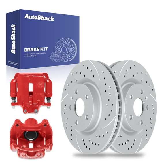 AutoShack Front Drilled & Slotted Brake Rotors Calipers Red | Replacement for 2017 Buick Regal 2.0L AWD FWD | Silver Matte Finish | 4-PC Brake Kit | TurboGuard