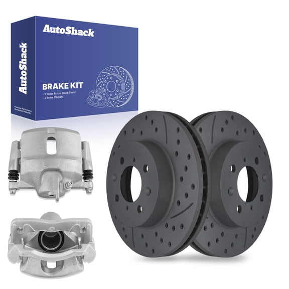 AutoShack 10.31" (262 mm) Front Vented Drilled & Slotted Brake Rotors Coated + Calipers | Replacement for 2010-2014 Honda Insight | Black Matte Finish | 4-PC Brake Kit | BlackShield