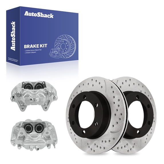 AutoShack Front Vented Drilled & Slotted E-Coated Brake Rotors + Calipers 4-PC Brake Kit Replacement for 2000-2006 Toyota Tundra ShadowGuard 12.55" (318.7 mm)