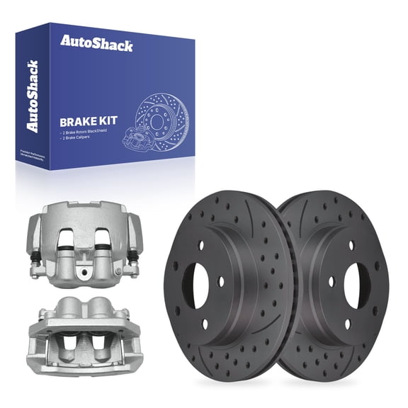 AutoShack Front Brake Rotors & Calipers for Dodge, Ram 1500 2006-2008, 4WD RWD V6 3.7L V8 4.7L 5.7L - Coated Drilled & Slotted - Black Matte Finish - BlackShield - 13.22" (335.9 mm), 5-Lug