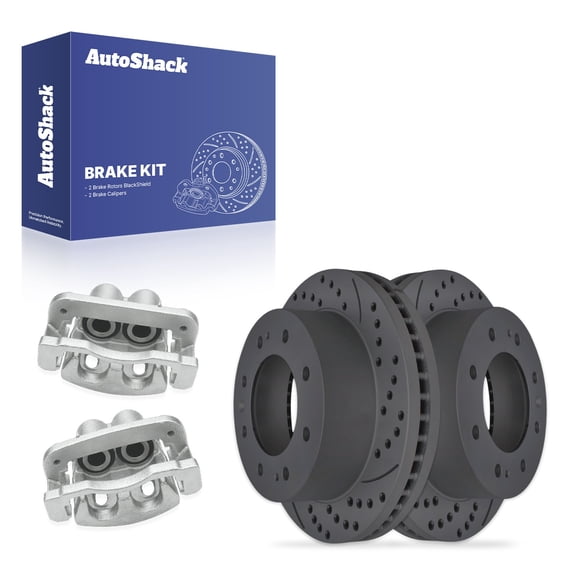 AutoShack Front Brake Rotors & Calipers for Chevrolet, Suburban 2017-2019, 4WD RWD V8 5.3L 6.2L - Coated Drilled & Slotted - Black Matte Finish - BlackShield - 13.98" (355 mm), 8-Lug