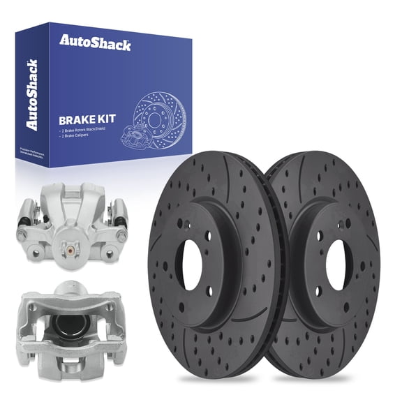 AutoShack Front Drilled & Slotted Brake Rotors Calipers | Replacement for 2017-2024 Honda CR-V 2023-2024 HR-V 1.5L 2.0L 2.4L AWD FWD | Black Matte Finish | 4-PC Brake Kit | BlackShield