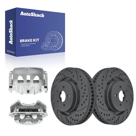AutoShack Front Brake Rotors & Calipers for Ford, Explorer 2013-2019, AWD FWD L4 2.0L 2.3L V6 3.5L - Coated Drilled & Slotted - Black Matte Finish - BlackShield - 13.86" (352 mm), 5-Lug