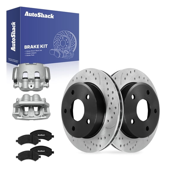 AutoShack Front Brake Rotors, Ceramic Pads & Calipers for Dodge, Dakota 2005-2008, 4WD RWD V6 3.7L V8 4.7L - E-Coated Drilled & Slotted - ShadowGuard - 12.28" (312 mm), 5-Lug
