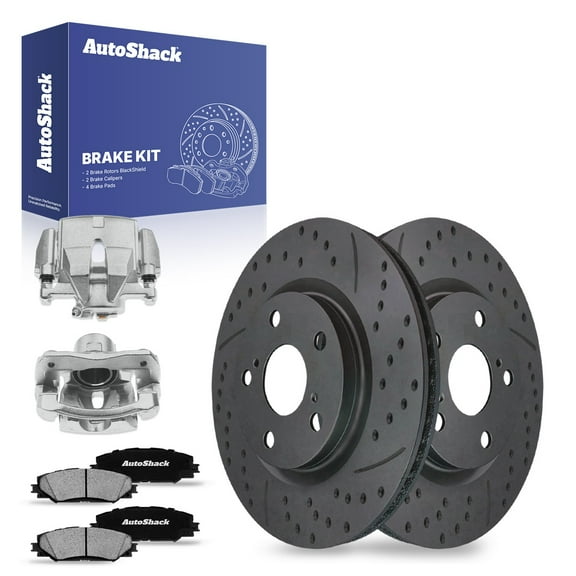 AutoShack Front Drilled & Slotted Brake Rotors Ceramic Brake Pads Calipers | Replacement for 2006-2008 Toyota RAV4 2.4L 4WD FWD | Black Matte Finish | 8-PC Brake Kit | BlackShield