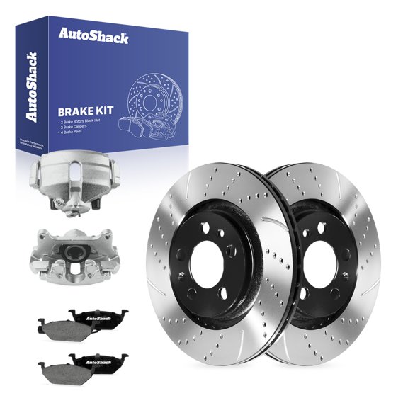 AutoShack Front Brake Rotors, Ceramic Pads & Calipers for Volkswagen, Jetta 2006, FWD L4 2.0L - E-Coated Drilled & Slotted - ShadowGuard - 11.02" (280 mm), 5-Lug