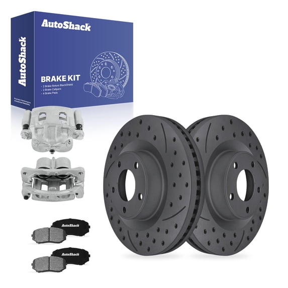 AutoShack Front Vented Drilled & Slotted Coated Brake Rotors Black Matte Finish + Ceramic Pads + Calipers 8-PC Brake Kit Replacement for 2007-2010 Ford Edge BlackShield 12.6" (320 mm)
