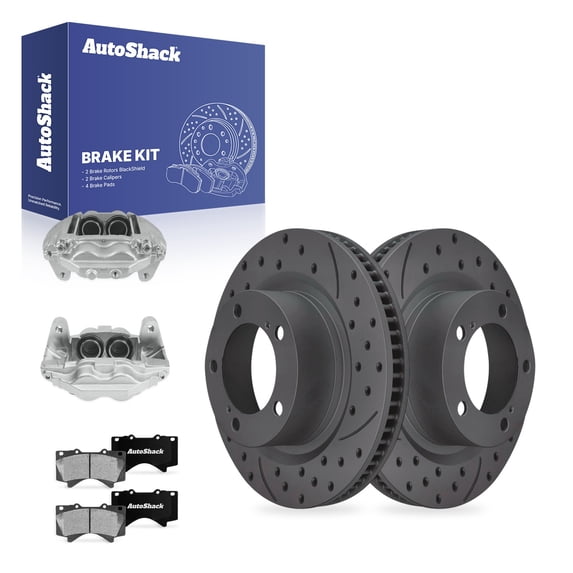 AutoShack Front Brake Rotors, Ceramic Pads & Calipers for Toyota, Tundra 2007-2016 - Coated Drilled & Slotted - Black Matte Finish - BlackShield - 13.94" (354 mm), 5-Lug