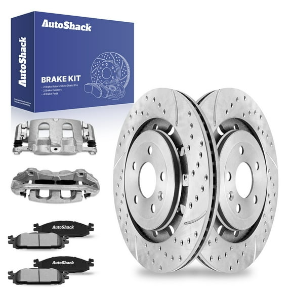 AutoShack Front Drilled & Slotted Brake Rotors Ceramic Brake Pads Calipers | Replacement for 2012 Ford Flex 2015-2016 Lincoln MKT 3.5L AWD FWD | Zinc Coated | 8-PC Brake Kit | SilverShield Pro
