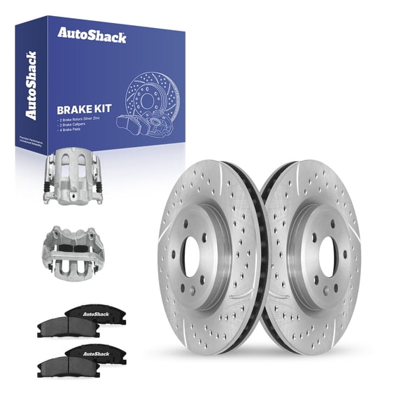 AutoShack Front Brake Rotors, Ceramic Pads & Calipers for Lincoln, MKT 2015-2017, AWD FWD L4 2.0L V6 3.5L 3.7L - Silver Zinc Coated Drilled & Slotted - SilverShield Pro - 12.8" (325 mm), 5-Lug