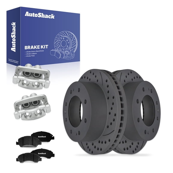 AutoShack Front Brake Rotors, Ceramic Pads & Calipers for Chevrolet, Suburban 2017-2019, 4WD RWD V8 5.3L 6.2L - Coated Drilled & Slotted - Black Matte Finish - BlackShield - 13.98" (355 mm), 8-Lug