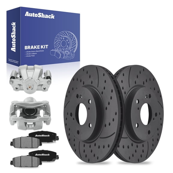 AutoShack Front Drilled & Slotted Brake Rotors Ceramic Brake Pads Calipers | Replacement for 2017-2024 Honda CR-V 2023-2024 HR-V 1.5L 2.4L AWD FWD | Black Matte Finish | 8-PC Brake Kit | BlackShield