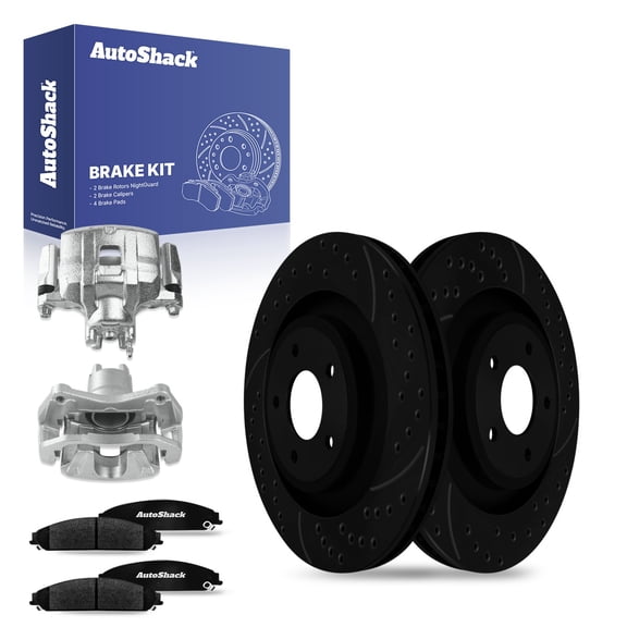 AutoShack Front Drilled & Slotted Brake Rotors Ceramic Brake Pads Calipers | Replacement for Dodge Caliber 2013-2014 Avenger 2013-2014 Chrysler 200 | Black E-Coated | 8-PC Brake Kit | NightGuard
